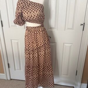 Elegant Brown Checkered Maxi Skirt